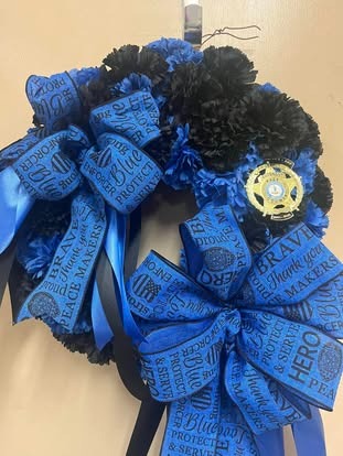 Sympathy Blue Memorial Wreath — Sympathy floral arrangement by Long's Florist