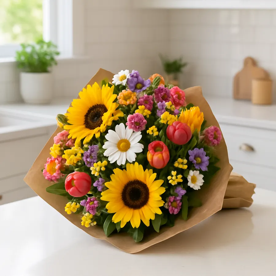 Cheerful mixed everyday bouquet wrapped in kraft paper