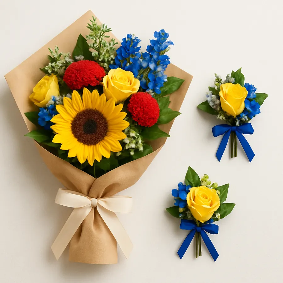 Colorful graduation bouquet and corsage in school colors